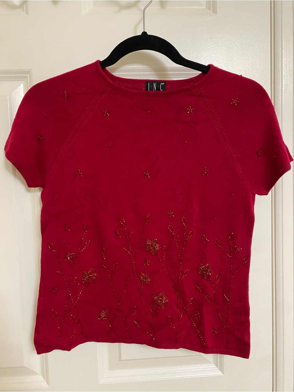 INC International Concepts Red Short-Sleeve Beaded Floral Knit Top